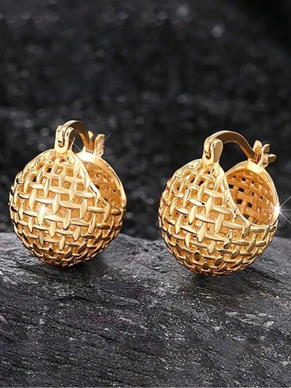 Elegant Gold Woven Ball Hoop Earrings - Women Jewelry